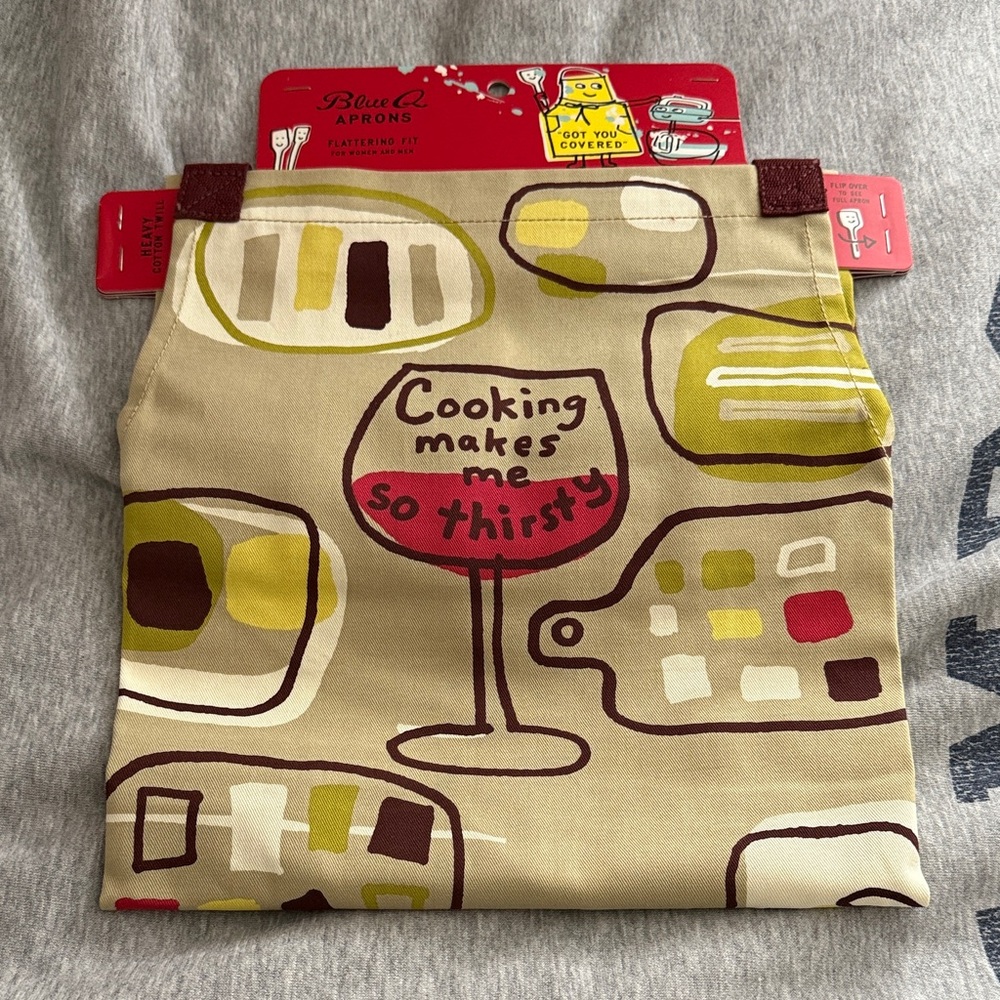 Blue Q Beige Apron with Red & Olive Wine Glass Graphic